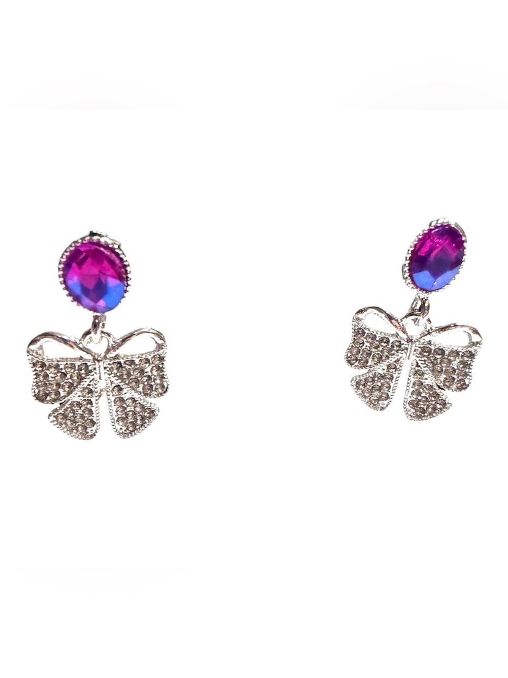 Silver Bow Drop Earrings with Pink-Purple Crystal Stud